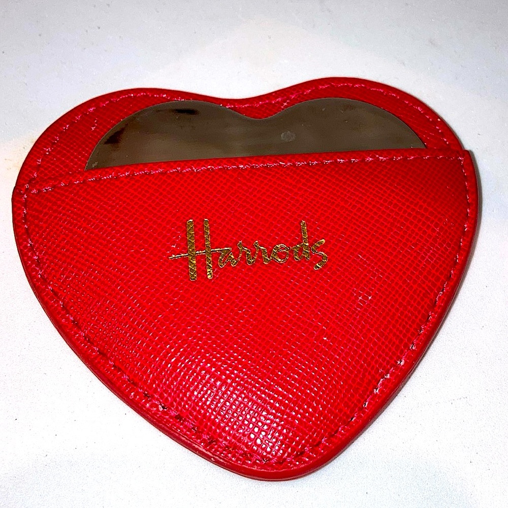Harrods Heart compact metal mirror 
Faux leather case Travel, makeup mirror